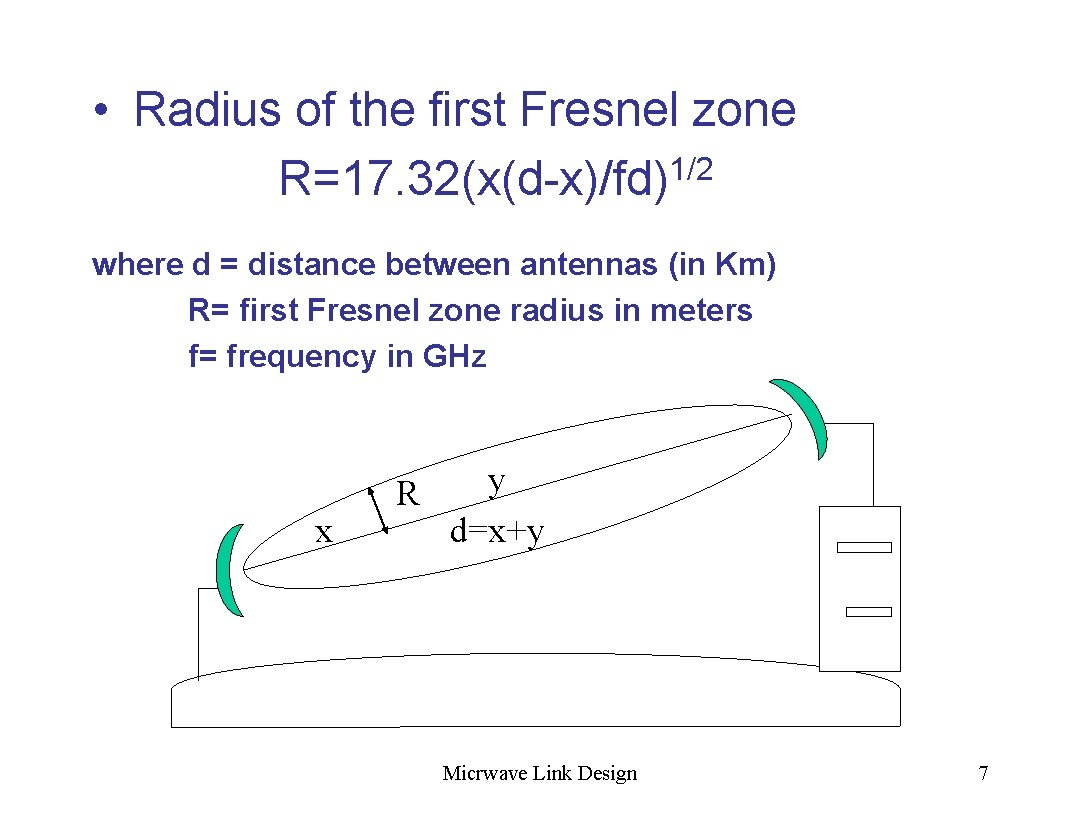  • Radius of the first Fresnel zone R=17. 32(x(d-x)/fd)1/2 where d = distance