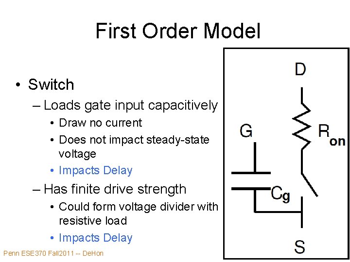 First Order Model • Switch – Loads gate input capacitively • Draw no current