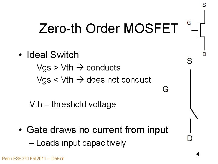 Zero-th Order MOSFET • Ideal Switch Vgs > Vth conducts Vgs < Vth does