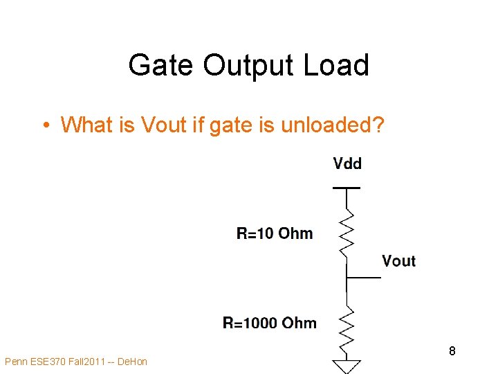 Gate Output Load • What is Vout if gate is unloaded? Penn ESE 370