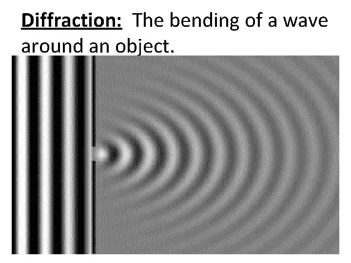 Diffraction: The bending of a wave around an object. 