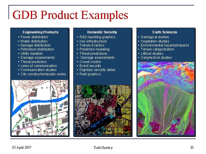 GDB Product Examples • • • Engineering Products Power distribution Water distribution Sewage distribution