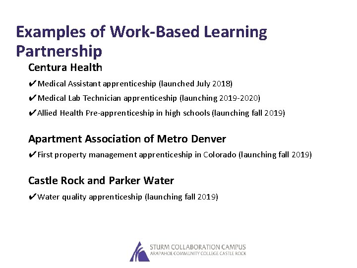 Examples of Work-Based Learning Partnership Centura Health ✔Medical Assistant apprenticeship (launched July 2018) ✔Medical