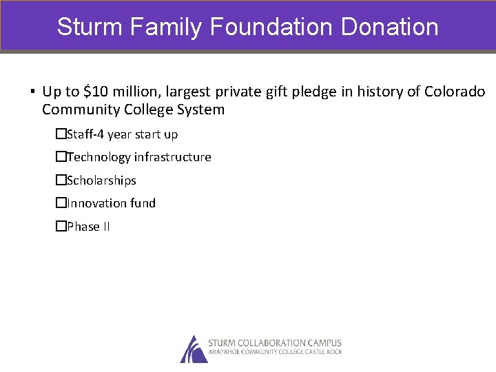 Sturm Family Foundation Donation ▪ Up to $10 million, largest private gift pledge in