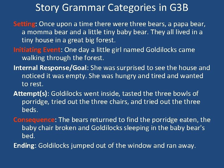 Story Grammar Categories in G 3 B Setting: Once upon a time there were