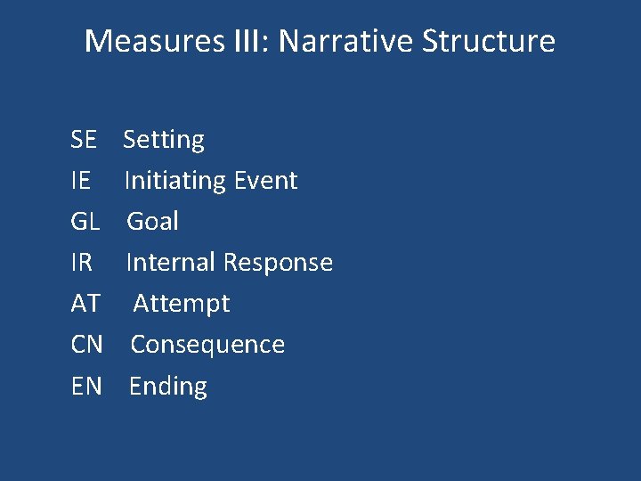 Measures III: Narrative Structure SE IE GL IR AT CN EN Setting Initiating Event