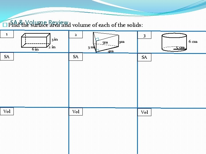 SA & Volume Review � Find the surface area and volume of each of