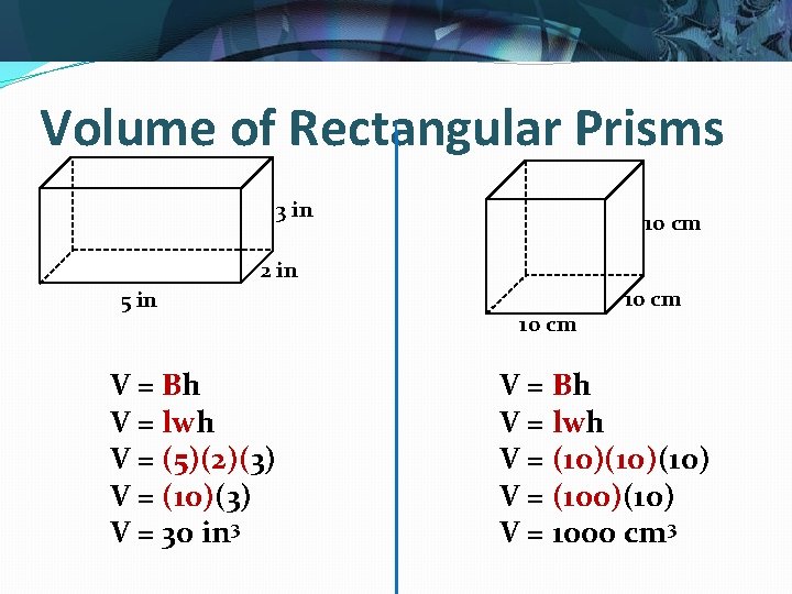 Volume of Rectangular Prisms 3 in 10 cm 2 in 5 in V =