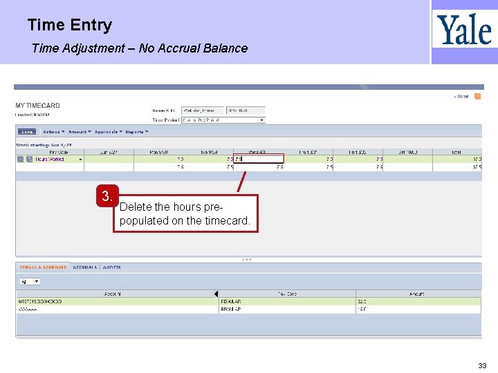 Time Entry Time Adjustment – No Accrual Balance 3. Delete the hours prepopulated on