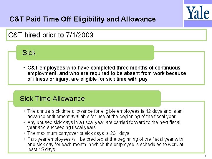 C&T Paid Time Off Eligibility and Allowance C&T hired prior to 7/1/2009 Sick •