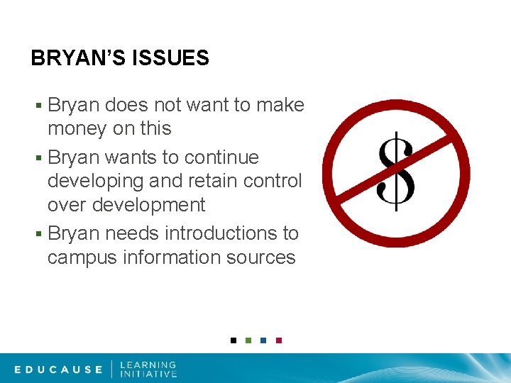 BRYAN’S ISSUES § Bryan does not want to make money on this § Bryan