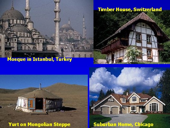 Timber House, Switzerland Mosque in Istanbul, Turkey Yurt on Mongolian Steppe Suburban Home, Chicago