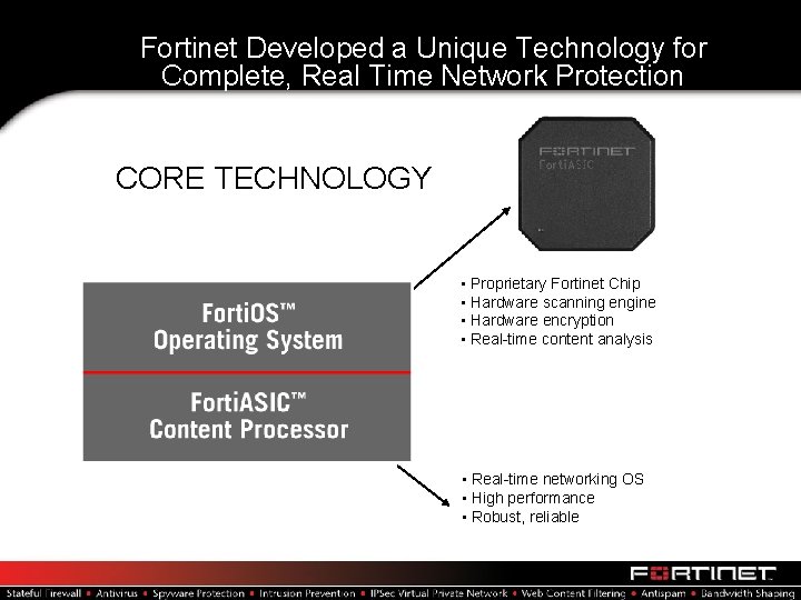 Fortinet Developed a Unique Technology for Complete, Real Time Network Protection CORE TECHNOLOGY •