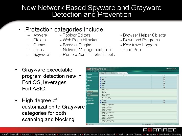 New Network Based Spyware and Grayware Detection and Prevention • Protection categories include: –