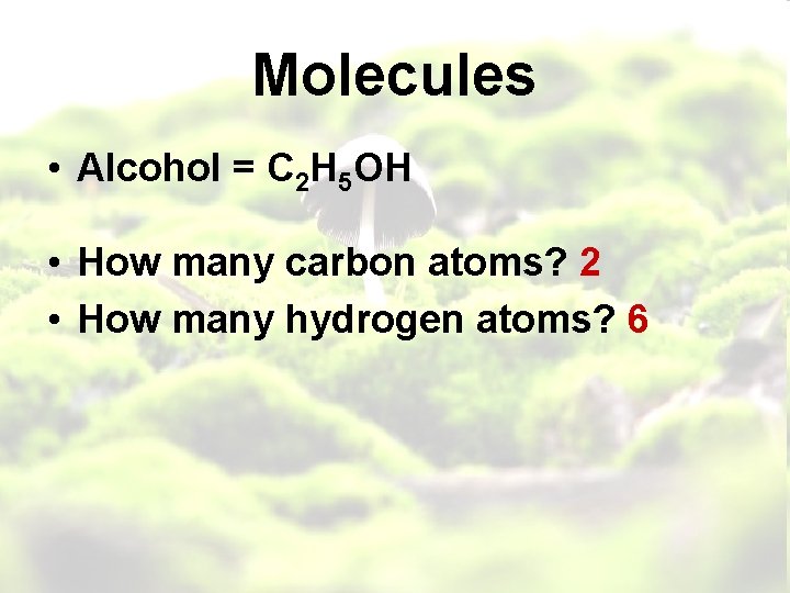 Molecules • Alcohol = C 2 H 5 OH • How many carbon atoms?