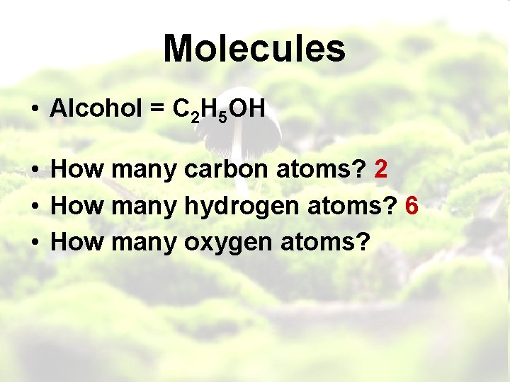 Molecules • Alcohol = C 2 H 5 OH • How many carbon atoms?