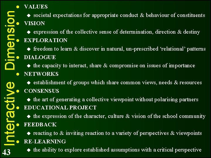 Interactive Dimension 43 VALUES societal expectations for appropriate conduct & behaviour of constituents VISION