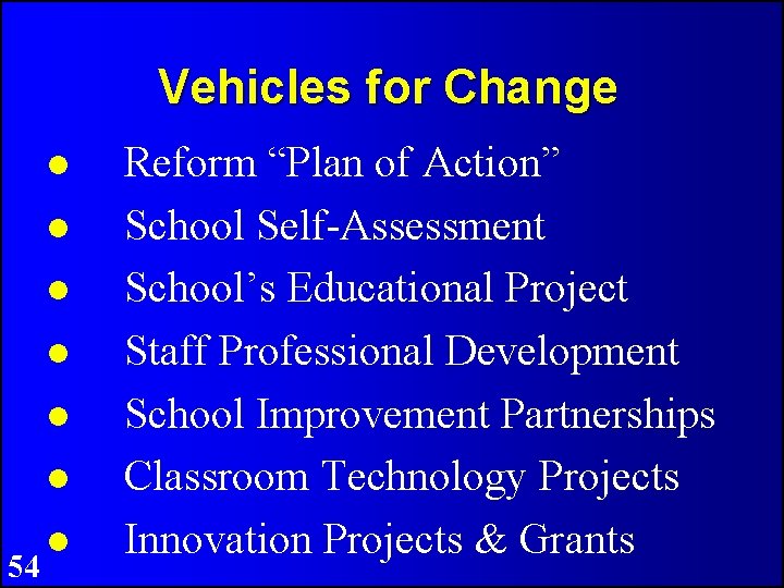 Vehicles for Change 54 Reform “Plan of Action” School Self-Assessment School’s Educational Project Staff