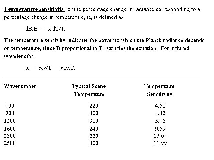 Temperature sensitivity, or the percentage change in radiance corresponding to a percentage change in