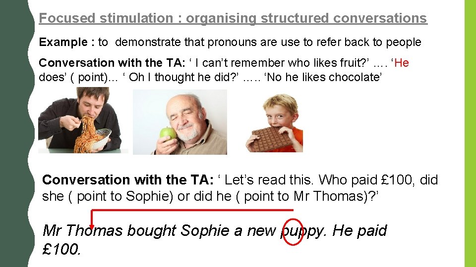 Focused stimulation : organising structured conversations Example : to demonstrate that pronouns are use Focused stimulation : organising structured conversations Example : to demonstrate that pronouns are use