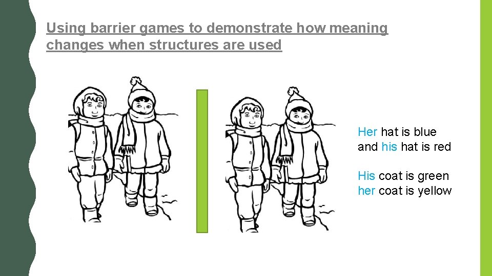 Using barrier games to demonstrate how meaning changes when structures are used Her hat Using barrier games to demonstrate how meaning changes when structures are used Her hat