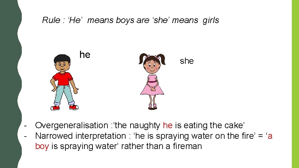 Rule : ‘He’ means boys are ‘she’ means girls he she - Overgeneralisation : Rule : ‘He’ means boys are ‘she’ means girls he she - Overgeneralisation :