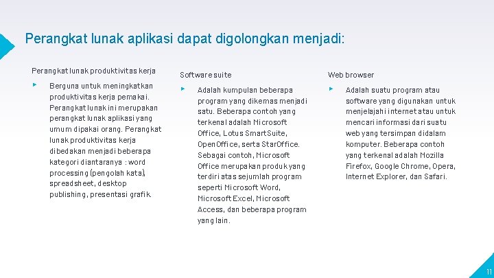 Perangkat lunak aplikasi dapat digolongkan menjadi: Perangkat lunak produktivitas kerja ▸ Berguna untuk meningkatkan