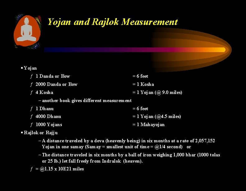 Yojan and Rajlok Measurement § Yojan ƒ 1 Danda or Bow = 6 feet