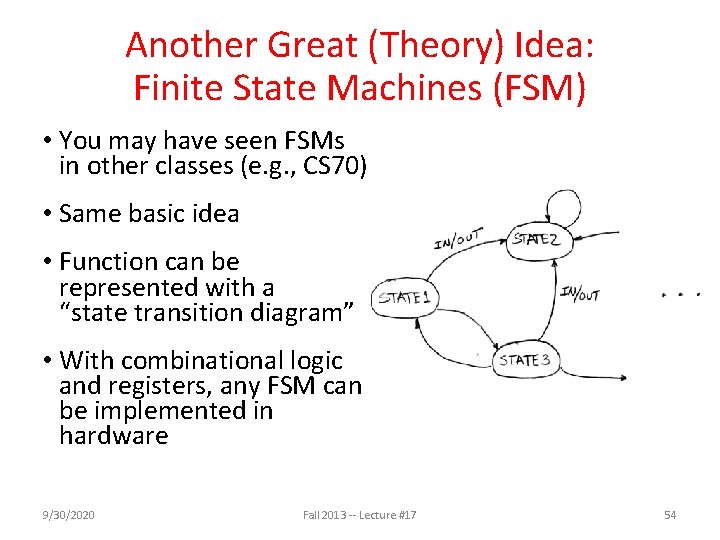 Another Great (Theory) Idea: Finite State Machines (FSM) • You may have seen FSMs