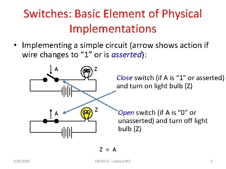 Switches: Basic Element of Physical Implementations • Implementing a simple circuit (arrow shows action