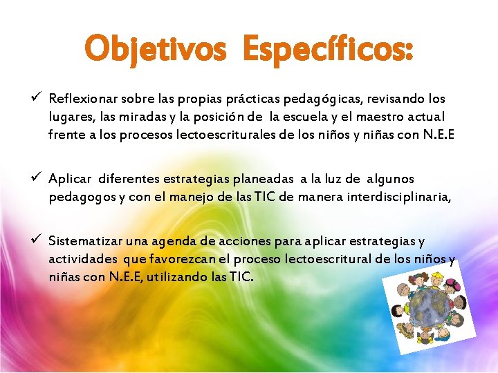 Objetivos Específicos: ü Reflexionar sobre las propias prácticas pedagógicas, revisando los lugares, las miradas Objetivos Específicos: ü Reflexionar sobre las propias prácticas pedagógicas, revisando los lugares, las miradas
