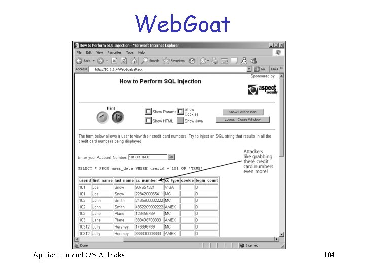 Web. Goat Application and OS Attacks 104 