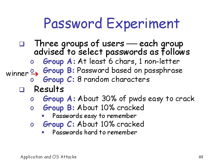 Password Experiment q Three groups of users each group advised to select passwords as