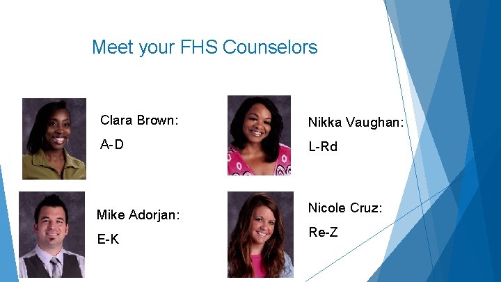 Meet your FHS Counselors Clara Brown: Nikka Vaughan: A-D L-Rd Mike Adorjan: E-K Nicole