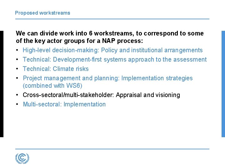 Proposed workstreams We can divide work into 6 workstreams, to correspond to some of Proposed workstreams We can divide work into 6 workstreams, to correspond to some of