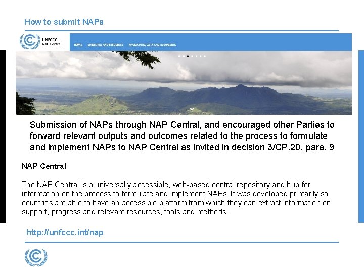How to submit NAPs Submission of NAPs through NAP Central, and encouraged other Parties How to submit NAPs Submission of NAPs through NAP Central, and encouraged other Parties