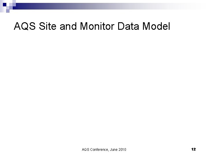 AQS Site and Monitor Data Model AQS Conference, June 2010 12 