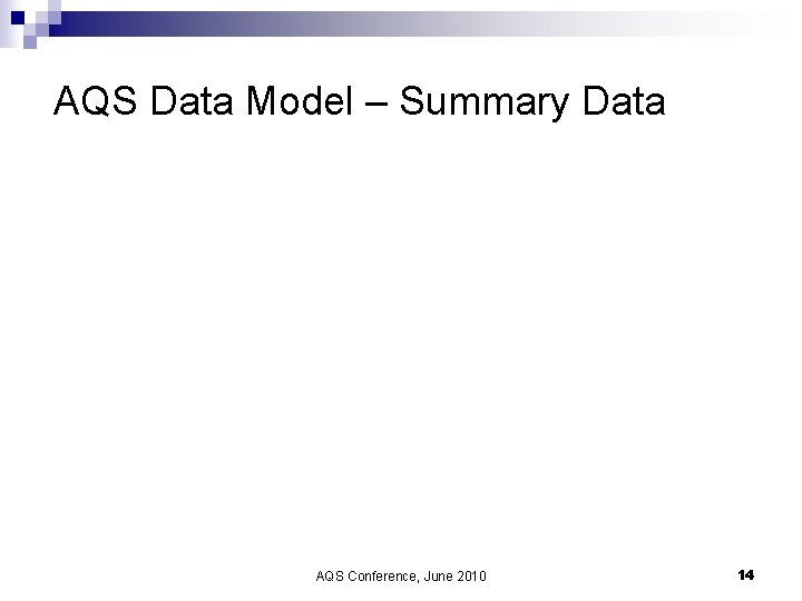 AQS Data Model – Summary Data AQS Conference, June 2010 14 