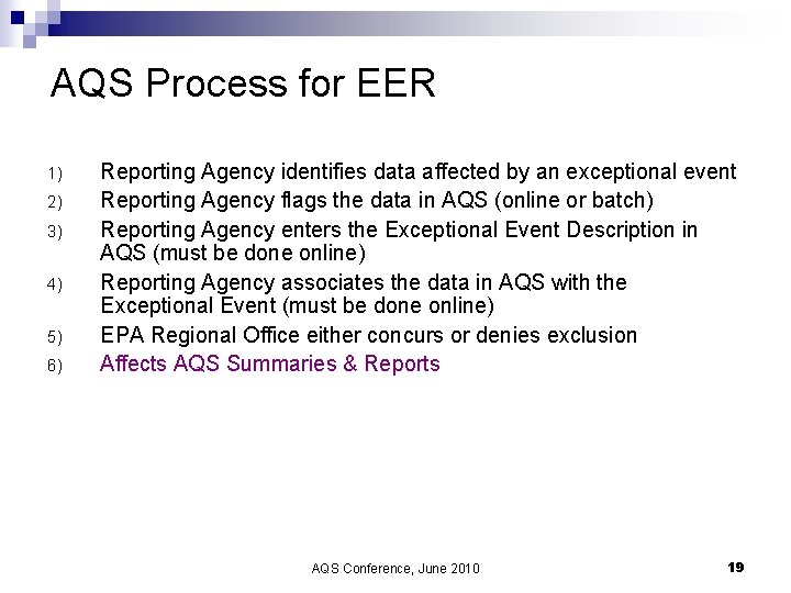 AQS Process for EER 1) 2) 3) 4) 5) 6) Reporting Agency identifies data
