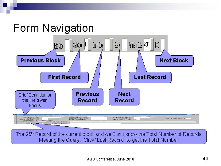 Form Navigation Previous Block Next Block First Record Brief Definition of the Field with