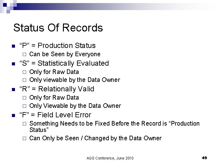 Status Of Records n “P” = Production Status ¨ n Can be Seen by