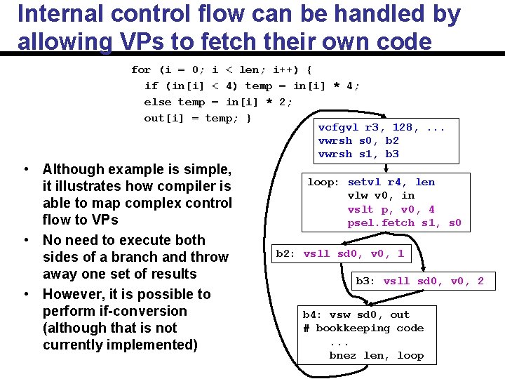 Internal control flow can be handled by allowing VPs to fetch their own code