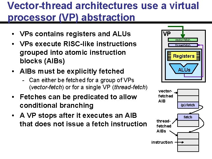 Vector-thread architectures use a virtual processor (VP) abstraction • VPs contains registers and ALUs