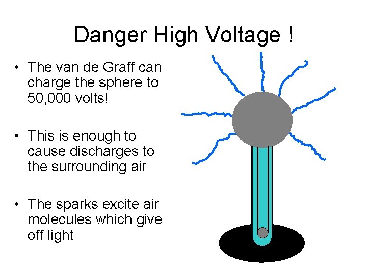 Danger High Voltage ! • The van de Graff can charge the sphere to