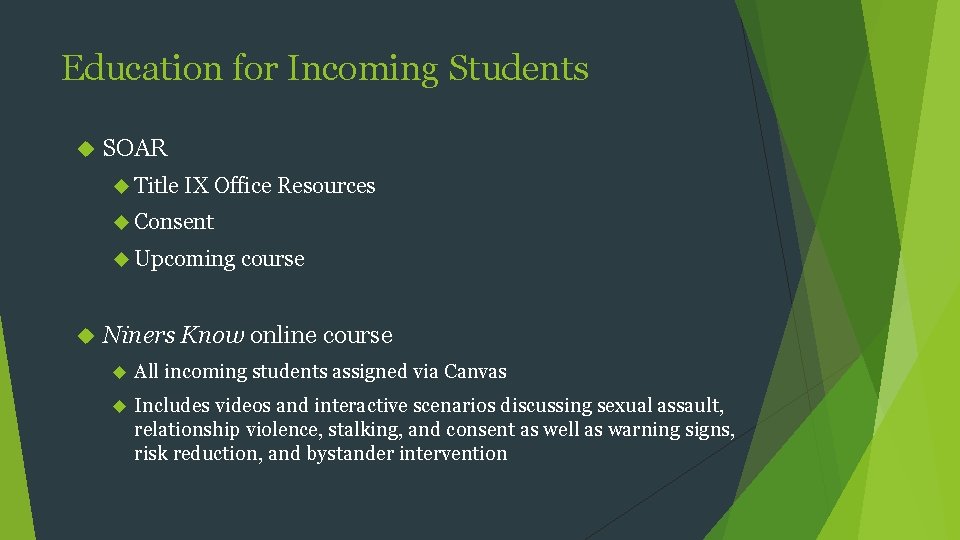 Education for Incoming Students SOAR Title IX Office Resources Consent Upcoming course Niners Know