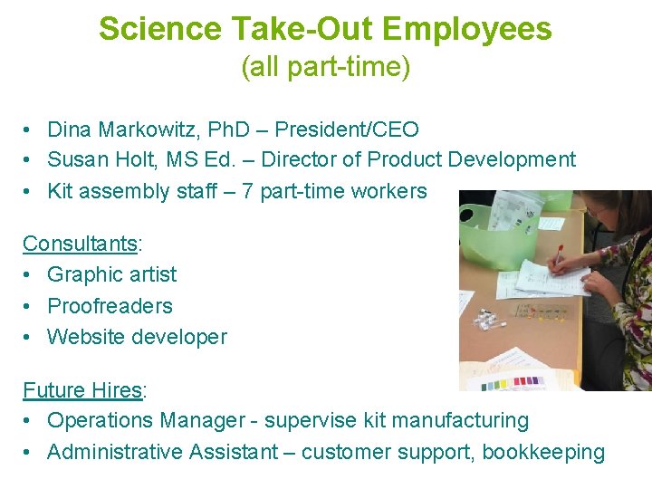 Science Take-Out Employees (all part-time) • Dina Markowitz, Ph. D – President/CEO • Susan