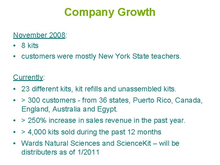 Company Growth November 2008: • 8 kits • customers were mostly New York State