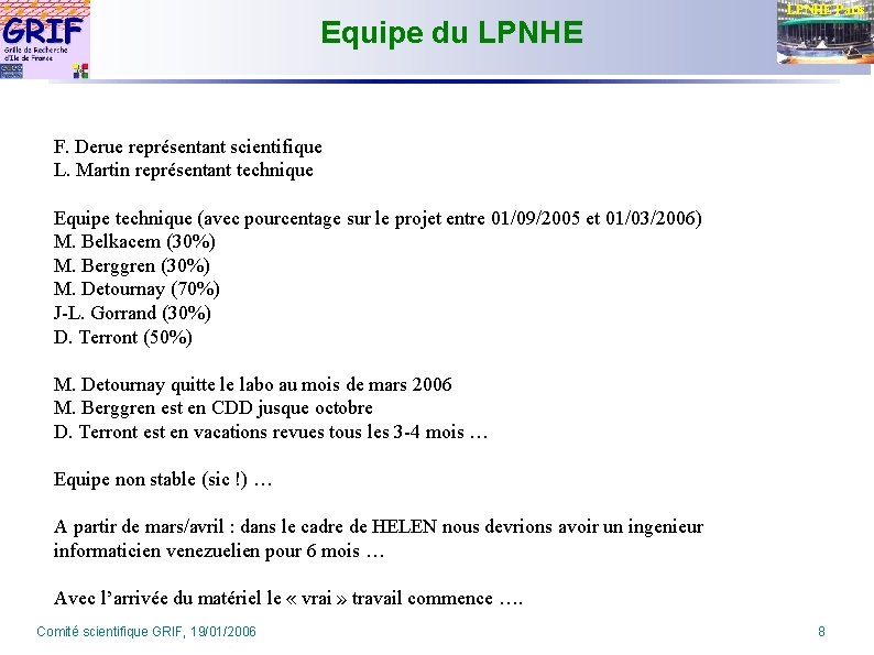 Equipe du LPNHE Paris F. Derue représentant scientifique L. Martin représentant technique Equipe technique