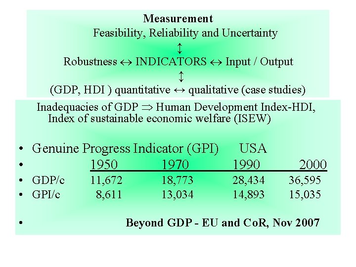 Measurement Feasibility, Reliability and Uncertainty ↕ Robustness INDICATORS Input / Output ↕ (GDP, HDI