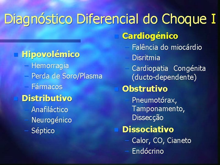 Diagnóstico Diferencial do Choque I n n n – – – Hipovolémico – –